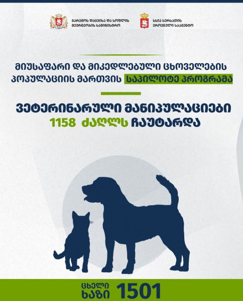 მიუსაფარი და მიკედლებული ცხოველების პოპულაციის მართვის საპილოტე პროგრამის ფარგლებში, 29 ივლისიდან 24 აგვისტოს ჩათვლით აჭარის, იმერეთის, კახეთის რეგიონებში აყვანილი და თავშესაფრებში გადაყვანილია 1158 ძაღლი