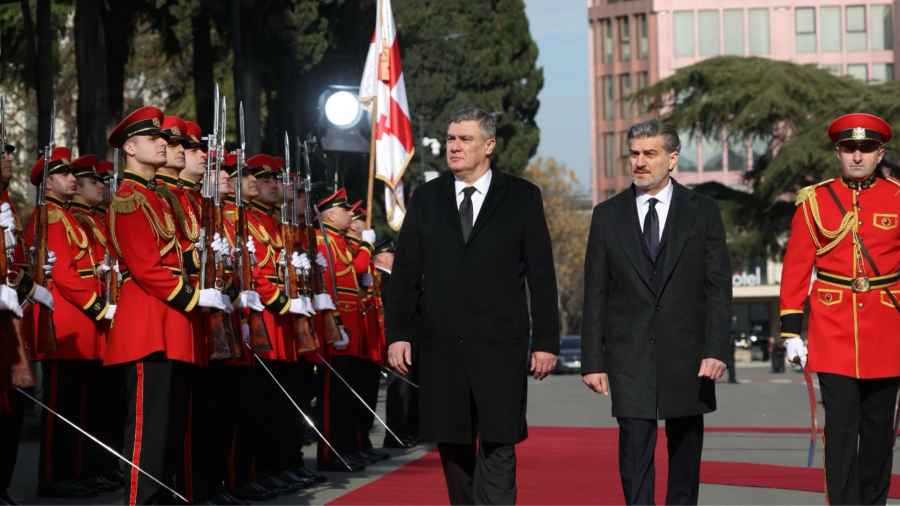პრეზიდენტის სასახლეში ხორვატიის პრეზიდენტის დახვედრის ცერემონია მიმდინარეობს