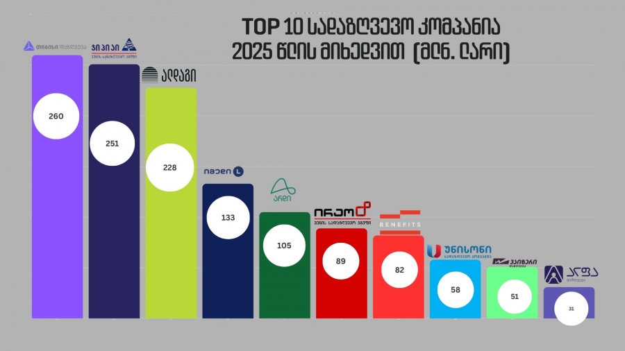 TOP 10 სადაზღვევო კომპანია 2025 წლის მოზიდული სადაზღვევო პრემიის მიხედვით (მლნ. ლარი)